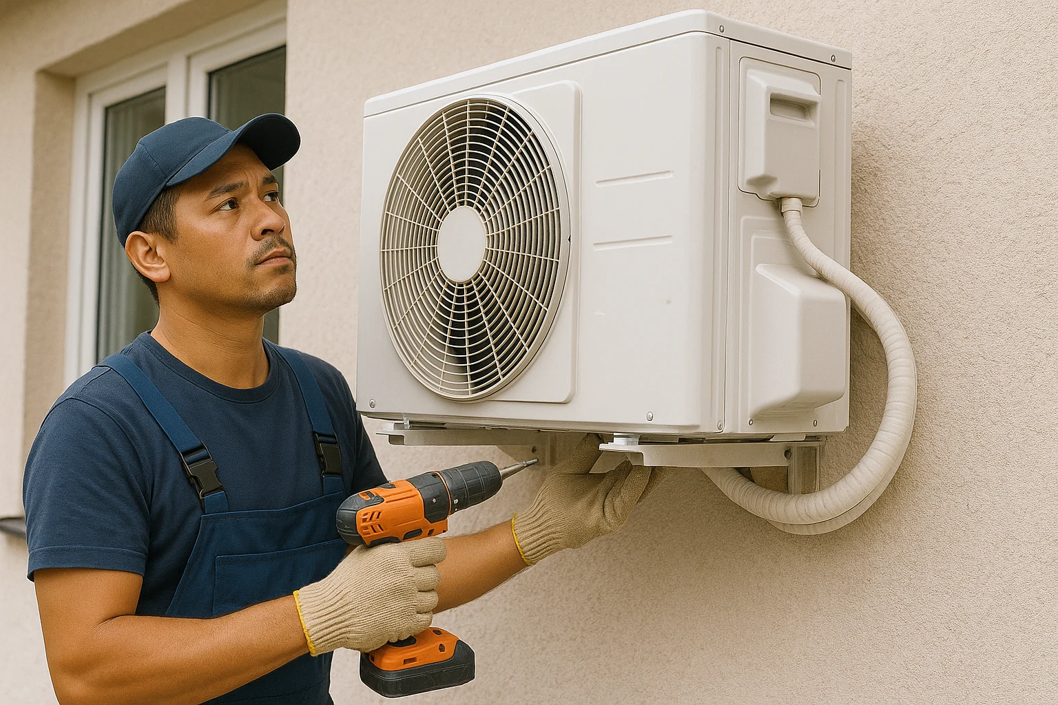 Technician working on a wall-mounted outdoor air conditioning unit