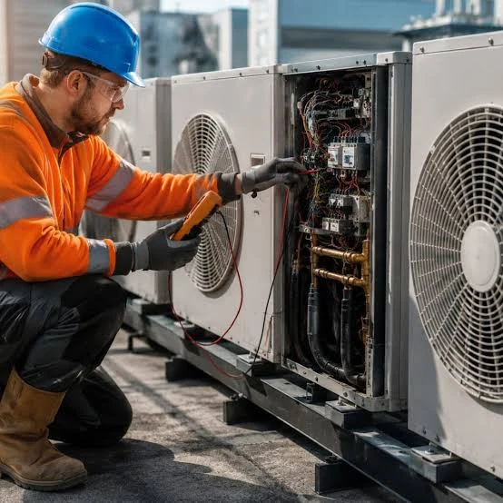Technician in safety equipment checking the open electrical panel of a commercial HVAC unit